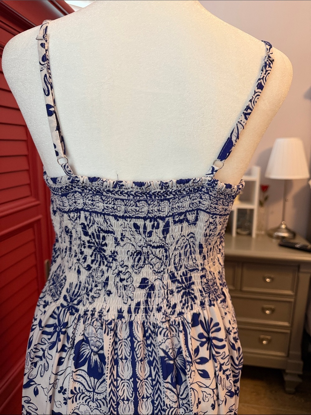 Angie Blue and White Printed Maxi Dress with Spaghetti Straps - Picture 5 of 9